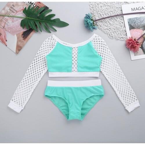 Kids Girls Dancewear Two-Piece Long Fishnet Sleeves Crop Top with Bottoms Ballerina Swimsuit for Dancing Stage Performance