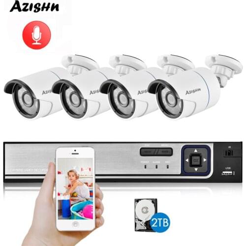 AZISHN H.265+ CCTV System POE NVR Kit 4CH 5MP HD Face detection Audio Waterproof IP Camera Bullet Home Security Camera System