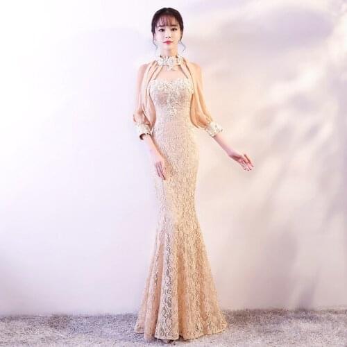 Lace Appliques sexy Slim party Fishtail dress evening dress Female Chinese Style Dress Improved Qipao Size S-3XL
