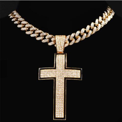 Big Size Gold Color Cross Pendant Pave Cubic Zircon Fashion Full Rhinestone Miami Cuban Chain Choker Necklace