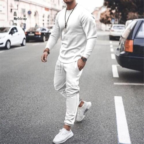 Mens Long-Sleeved T-Shirt 2-Piece Suit Fashion Mens Casual Pants Suit Cotton Casual Sportswear Slim