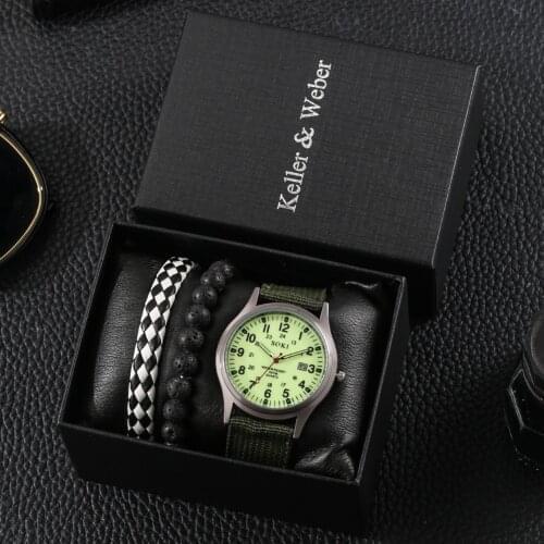 Man Unique Fluorescent Green Watch with Calendar Comfortable Mens Nylon Band Clock Exquisite Men Bracelet Gifts Set for Husband