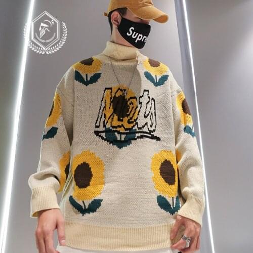 Men Fashion Loose Flowers Print Heavyweight Knitsweater Casual Pullover Hip Hop NEW Sweaters