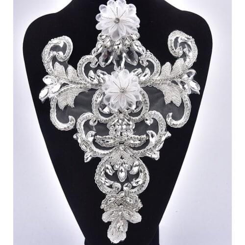 New 2pcs Clear Crystal Rhinestone Lace Applique Glass Beaded Mesh Wedding Dress Decoration Patches Strass Fabric For Clothes