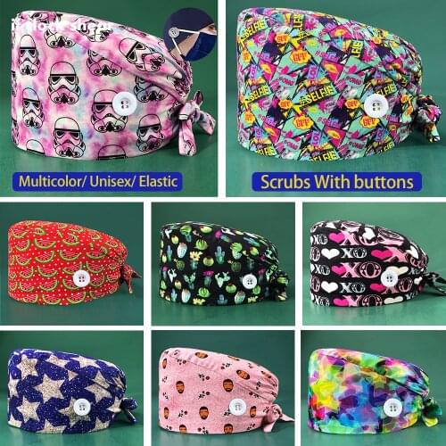 Unisex scrubs caps Adjustable cotton tooth printing hats High Quality adjustable sweat-absorbent Elastic multicolor scrubs hats