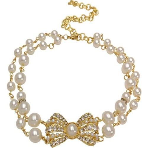 TT Vintage Banquet Clavicle Chain Neck Chain Hepburn Style Net Red Personality Diamond Bow Pearl Necklace