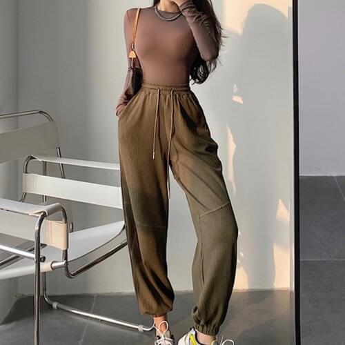 TVVOVVIN High Street Elastic Waist Solid Color Sweatpants Korean Loose Lace-up Tie Feet Casual Pants For Women 3SE3