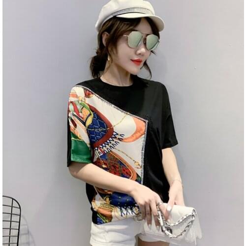 White And Black Woman Tshirts Women T Shirt Vintage Embroidery Cotton Pactwork Chiffon Tee Shirt Femme Korean Tshirt 2020 Summer