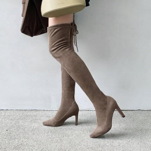 Lady Faux Suede Over The Knee Boots Fashion Cross Tied Slim Stretch Four Season Boots Female Large Size All-Match Womens Shoes
