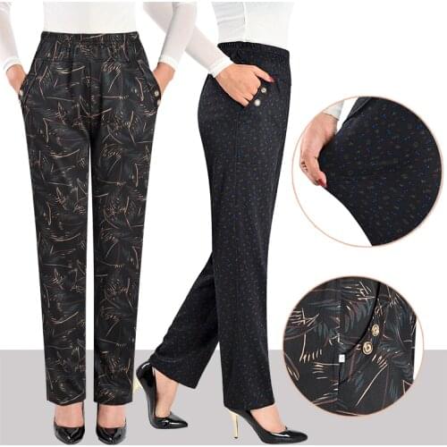 Middle Age Women Pants 2020 Winter Large Size Printed Plus Size Elastic Waist Straight Pant Casual Loose Grandma Trousers 4XL 23