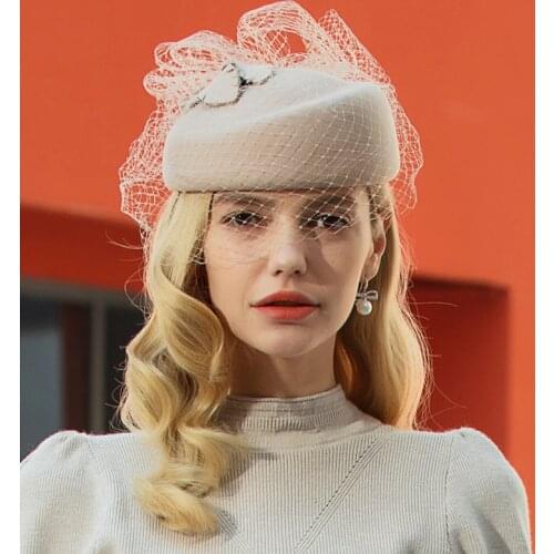 Hats for Women Winter Embroidered Veil cotton Felt Pillbox Hats for Formal Cocktail Party Wedding Hats Dress Fedoras