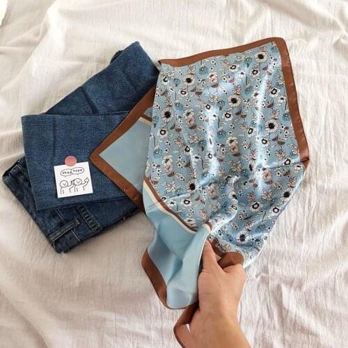 Luna&Dolphin Women Small Square Scarf 53x53CM 100% Nature Silk Literary Flower Blue Bandanas Spring Headbands Bag Scarf Kerchief