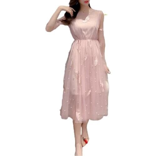 PERHAPS U Women Summer Stweet Chiffon Gauze Mesh Embroidered Flares Pink Apricot Flare Sleeve Beading Mid-Calf Dress D3997