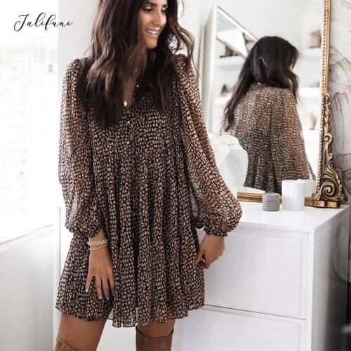 Women Leopard Print Mini Dress V-Neck Lantern Sleeve Loose Draped Dress 2021 Autumn New Casual A-Line Dresses Party Vestidos