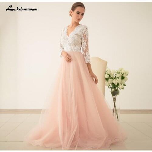 Lakshmigown Pink Tulle A Line Wedding Dresses V Neck Long Sleeves Sweep Train Lace Bridal Gowns vestido de novia 2021