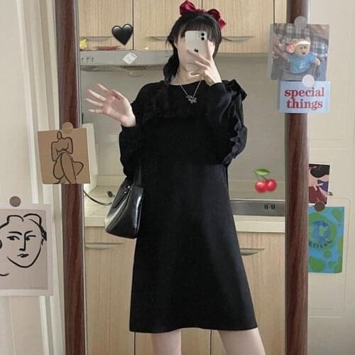 Winter New 2020 Japanese Harajuku Women Vintage O-Neck Streetwear Midi Dress Loose Stitching Black Long-Sleeved Sweater Dress