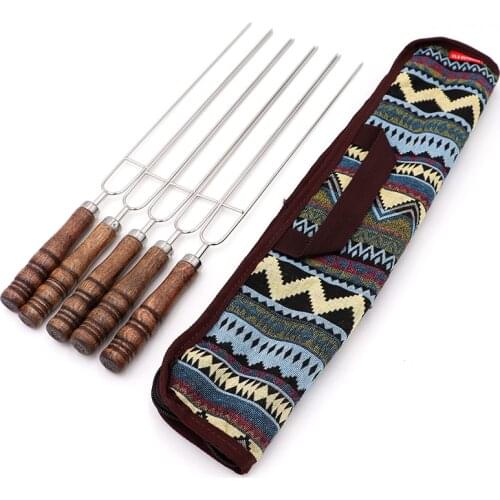 5pcs Portable Russian Style Sharp Roasting Forks with Bag Camping Hot Dog Skewers Stainless Steel BBQ Forks Barbecue Tool BBQ