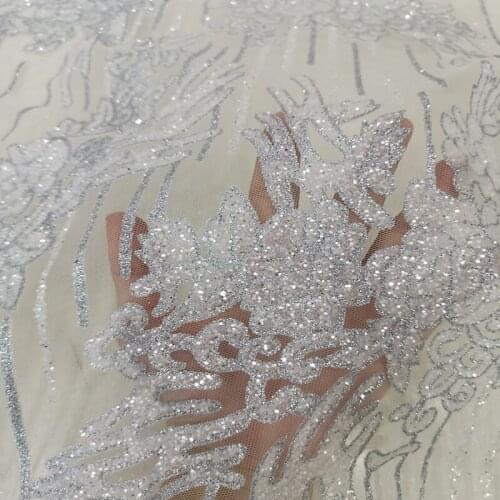 White/Silver/Champagne Luxury Design Floral African Mesh Sequin Lace Fabric 5 Yards Glitter Tulle Dress Material for Wedding New