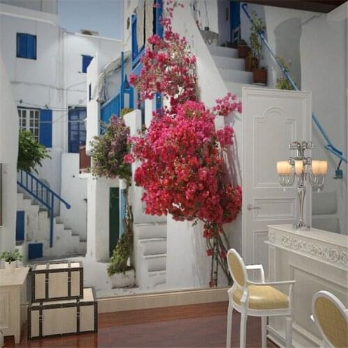 Beibehang photo wall paper Mediterranean blue landscape sun White House stairs living room bedroom 3D wallpaper for walls 3 d