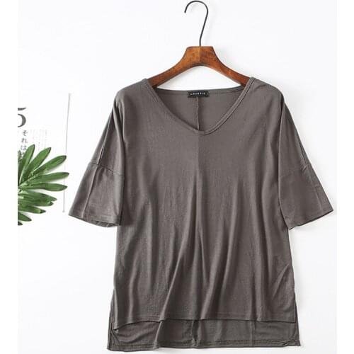 Cotton Linen Loose Tshirt Women Asymmetry V-Neck Casual Korean Clothes Shirts Women New Solid Half Sleeve Tops Women T Shirt