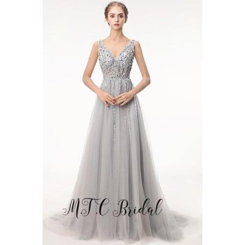Hot Selling Glitter Sliver Long Evening Dress Backless A Line V Neck Beads Tulle Sexy Prom Gowns 2019 Custom Made Party Dresses