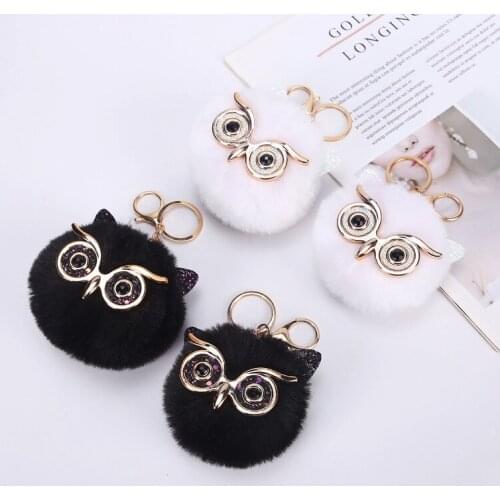 Lovely Sequin Ear Owl Keychains For Girls Boy Fluffy Fake Animal Fur Ball Pompon Key Chain Plush Keychains