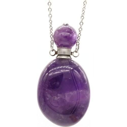 Trendy-beads Stainless Steel Natural Purple Amethysts Stone Pendant Perfume Bottle Necklace Can Open Jewelry