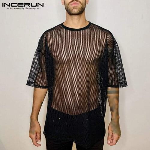 Men Mesh T Shirt O Neck Streetwear Short Sleeve Summer See Through Casual Sexy Tee Tops 2021 Breathable Camisetas S-5XL INCERUN