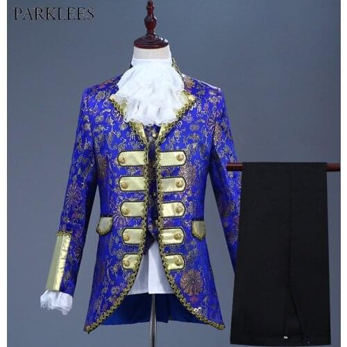 Royal Blue Five-piece Suit Set Men Europe Gothic Middle Ages Style Palace Suits Mens Drama Prom Singer Stage Terno Masculino