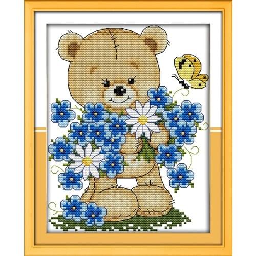 Little bear with flowers cross stitch kit cartoon animal 14ct 11ct count print canvas embroidery DIY handmade needlework plus