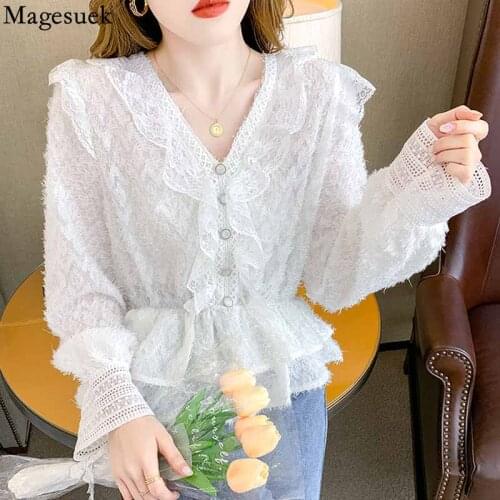 Autumn Sweet Long Sleeve Womens Blouse 2021 V Neck Chic Tassel Stitching Ruffle Blouse with Lace French White Slim Tops 16364