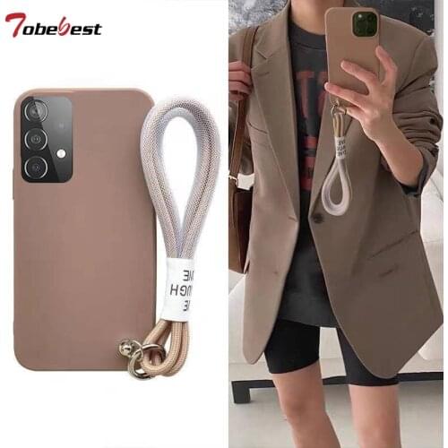 Ins Popular Wrist Rope Lanyard Phone Case for Samsung Galaxy A12 A22 A32 A42 A52 A72 A82 4G 5G Solid Color Chain Strap Cover