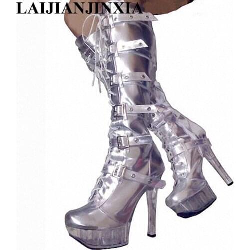 LAIJIANJINXIA Sexy Knee High Boots PU Leather Round Toe high heels jackboots 2017 new sexy dance shoes B-016