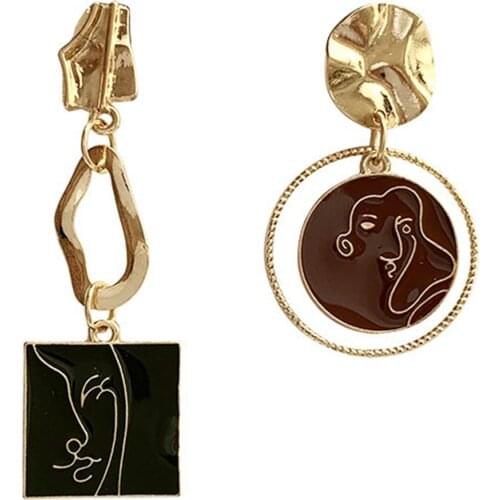 European And American S925 Silver Needle Retro Girl Face Oil Painting Earrings Asymmetric Metal Earrings For Female