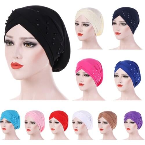 Women Elastic Turban Hat Muslim Islamic Jersey Beads Chemo Cap Ladies Stretch Head Wrap Head Scarf Arab Cover Beanie Fashion