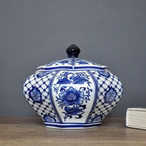 Blue and white porcelain with octagonal canister blue background Jingdezhen ceramic storage tank decorative tea pots snack ca