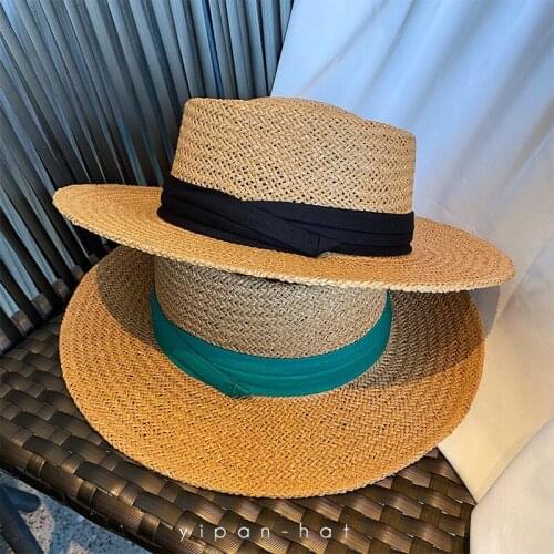Ladies Handmade Natural Straw Hat Summer Beach Hat for Women Men Panama Cap Fashion Concave Flat Protetion Visor Sun Boat Hats