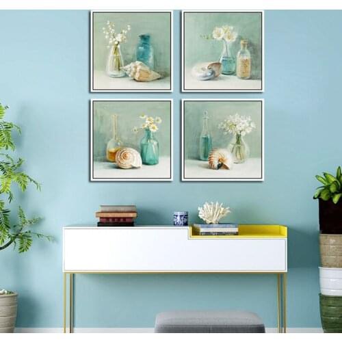 Modern Still Life Vase Chrysanthemum Flowers Seashells Canvas Painting Posters And Prints Decor Wall Pictures For Living Room