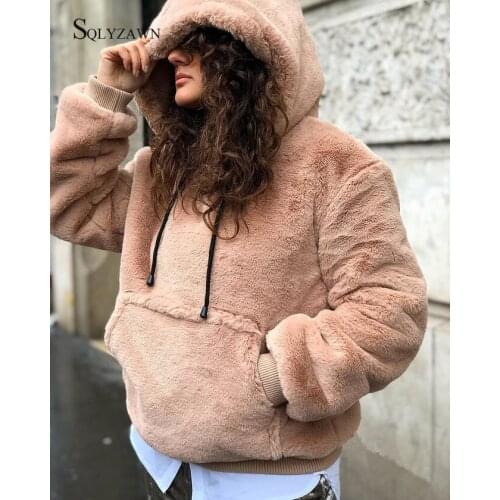 Women Fleece Hoodies 2019 Long Sleeve Hooded Pullover Sweatshirt Autumn Winter Loose Warm Pocket Outerwear Fur Coat Plus Size