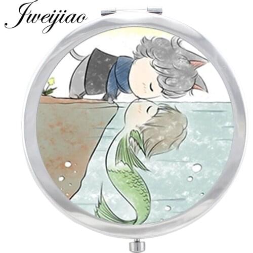 Youhaken Cartoon Cat And Fish metal game Magnifier Travel Purse Mirror Animal Live in harmony For Lovers Best Gift espejo CH77