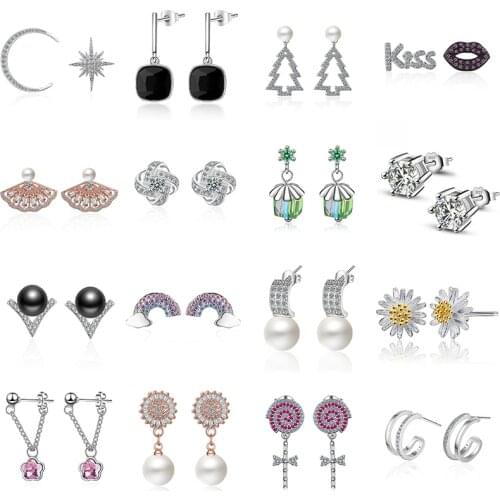 Viwisfy Real Sterling 925 Silver Earrings For Girl Fashion Jewelry Wedding Gift Crystal Moon Star Stud Earrings Women VW21096