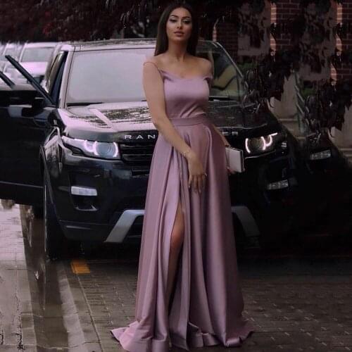 UZN Elegant Lavender A-Line Satin Prom Dress Spaghetti Straps V-Neck Evening Gowns High Slit Dubai Long Party Dresses