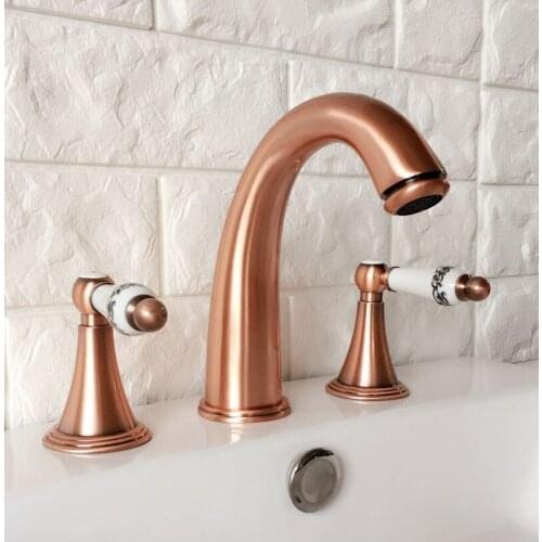Antique Red Copper Double Ceramic Handle Deck-Mount Three Hole Widespread Bathroom Bathtub Basin Faucet Sink Mixer Tap drg037