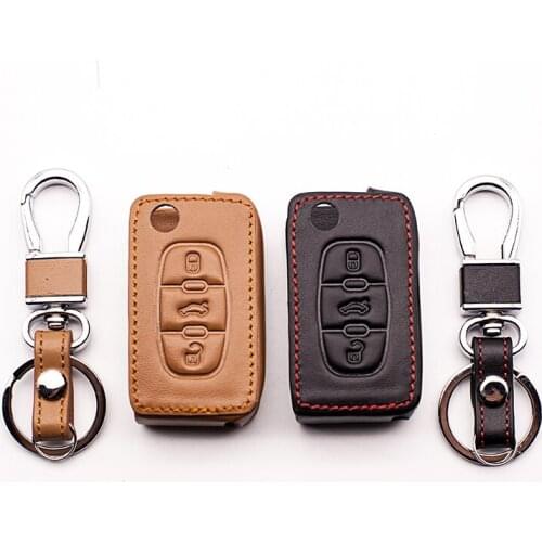 Car Genuine Leather Bag Remote Control Car Keychain Key Cover Case For Citroen for Peugeot 307 308 408 3 Buttons Flip Key