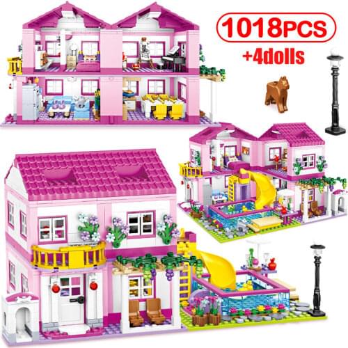 City Romantic Summer Double-storey House Slide Swimming Pool Villa House Building Blocks Friend Figures Bricks Girl Toys