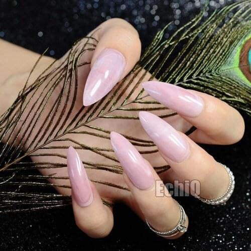 Long Pointed Fake Nail Tips Sweet Light Pink Marble Pattern Full Cover False Nails DIY Nail Art Manicure Tools Z716