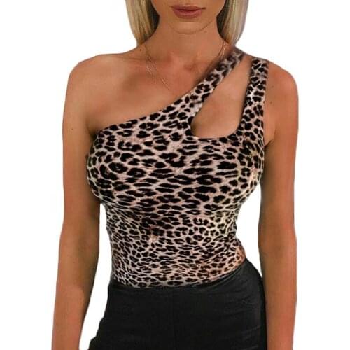 Women One Shoulder Leopard Bodysuit Bodycon Leotard Top Sleeveless Romper