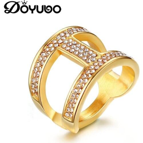 DOYUBO European Design Womens Gold Color Stainless Steel Rhinestones Rings High Quality Fashion Lady Finger Rings Jewelry DE049