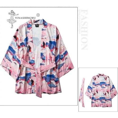 Kimonos Japanese Couple Print Belt Men Haori Loose Shirts Women Samurai Style Cardigan Chinese Traditional Coats Janpan Clothes