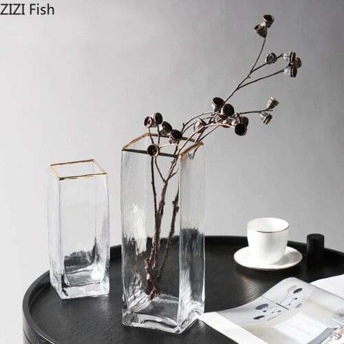 Arc Square Vases for Flowers Desk Decor Golden Stroke Ice Cube Glass Vase Transparent Hydroponic Flower Insert Home Decoration